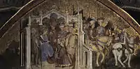 Pastiglia patterning in the gilded "sky" of this fresco by the Zavattari brothers (Theodelinda Chapel, Monza).