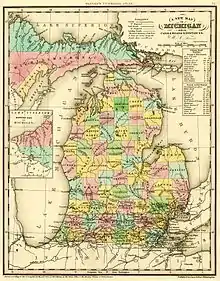 Image 1A map of Michigan by Henry Schenck Tanner, published in 1842, showing such county names as "Negwegon County," "Okkuddo County," and "Unwattin County," prior to an 1843 legislative action renaming sixteen counties in northern Michigan (from History of Michigan)