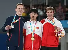 Boys victory ceremony (from left to right): Andrew Stamp (Silver), Fu Fantao (Gold), Benny Wizani (Bronze)