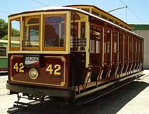 Type B ("toastrack") tram no. 42, also configured as it was in the inaugural electric fleet of 1909