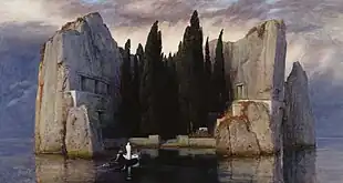 Painting of an island of steep rocks, with dark trees in the centre
