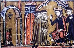 13th-century miniature of King Baldwin II granting the captured Al Aqsa Mosque to Hugues de Payens