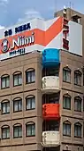 Postmodern coffee cup-shaped balconies in Tokyo, Japan