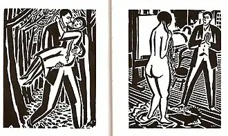 Two panels from wordless novel. On the left, a man carries a woman through the woods. On the right, a man looks at a nude in a studio.