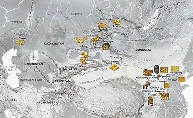 Dongtalede in the geographical distribution of early gold and silver artefacts found in Northwest China and Central Asia (8th-3rd century BCE).
