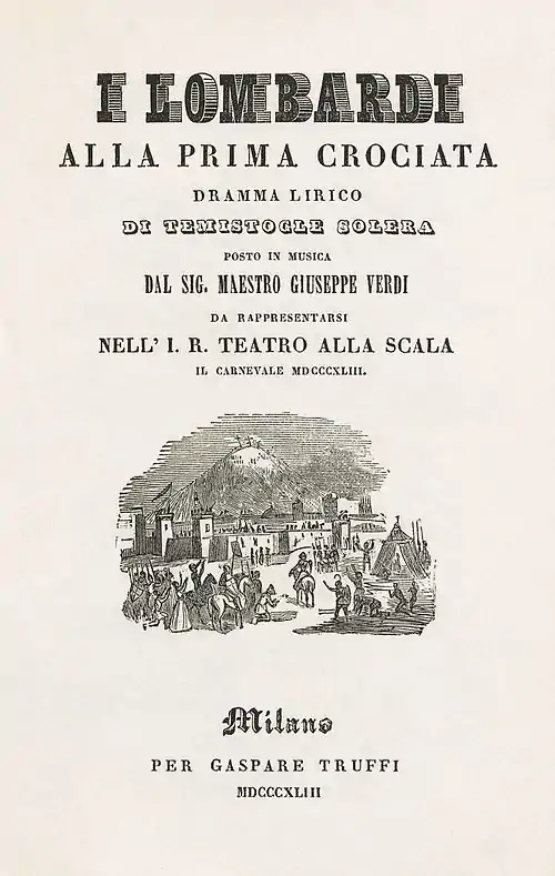 Image 55Title page of I Lombardi alla prima crociata, author unknown (restored by Adam Cuerden) (from Wikipedia:Featured pictures/Culture, entertainment, and lifestyle/Theatre)