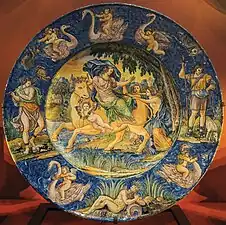 Central dish is 58 cm across, the main scene the Rape of Europa, after an illustration of Ovid by François Chauveau, published in 1674