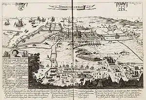 Print of the siege situation sketch at Haarlem in 1572, a bird's eye perspective from the North.