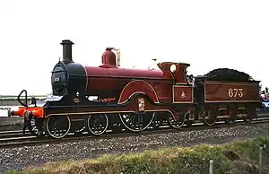 Preserved No 673 in Midland Railway crimson lake livery at the Rocket 150 celebration in Rain­hill in May 1980.