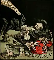 Railroad tycoons Charles Crocker and Leland Stanford robbing victims in the Mussel Slough Tragedy (1881)