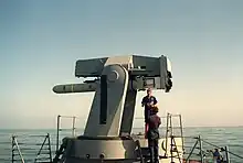 A Harpoon Missile on the rail of a Mark 13 aboard USS Goldsborough