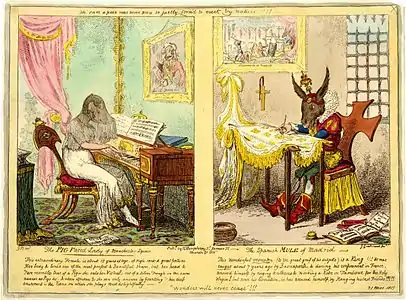 The Pig Faced Lady of Manchester Square (left)at Pig-faced women, by George Cruikshank