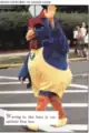 Blue Hen mascot walking and waving on crosswalk.