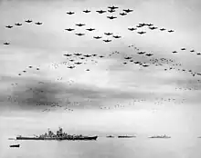 (1945) Formation of American planes over USS Missouri and Tokyo Bay celebrating the signing of the surrender