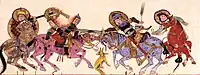 Rabī‘ cuts the head of his adversary. Battle scene, in Varka and Golshah, mid-13th century Seljuk Anatolia.