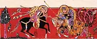 Rabi wounds Varqa in the thigh. Varka and Golshah, mid-13th century Seljuk Anatolia