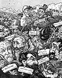 Carol I and Kalinderu as gardeners, reaping the vegetable-politicians; by Witold Rolla-Piekarski